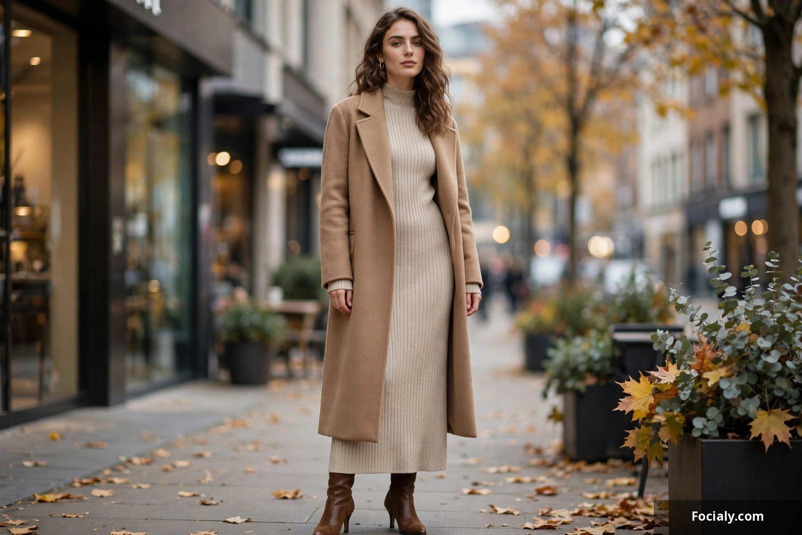 Woman in ribbed knit maxi dress with long wool coat and heeled boots