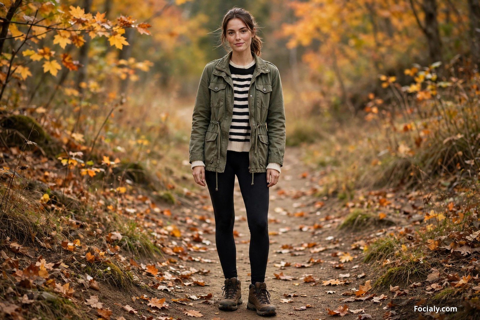 Woman in olive utility jacket over striped sweater, black leggings and hiking boots