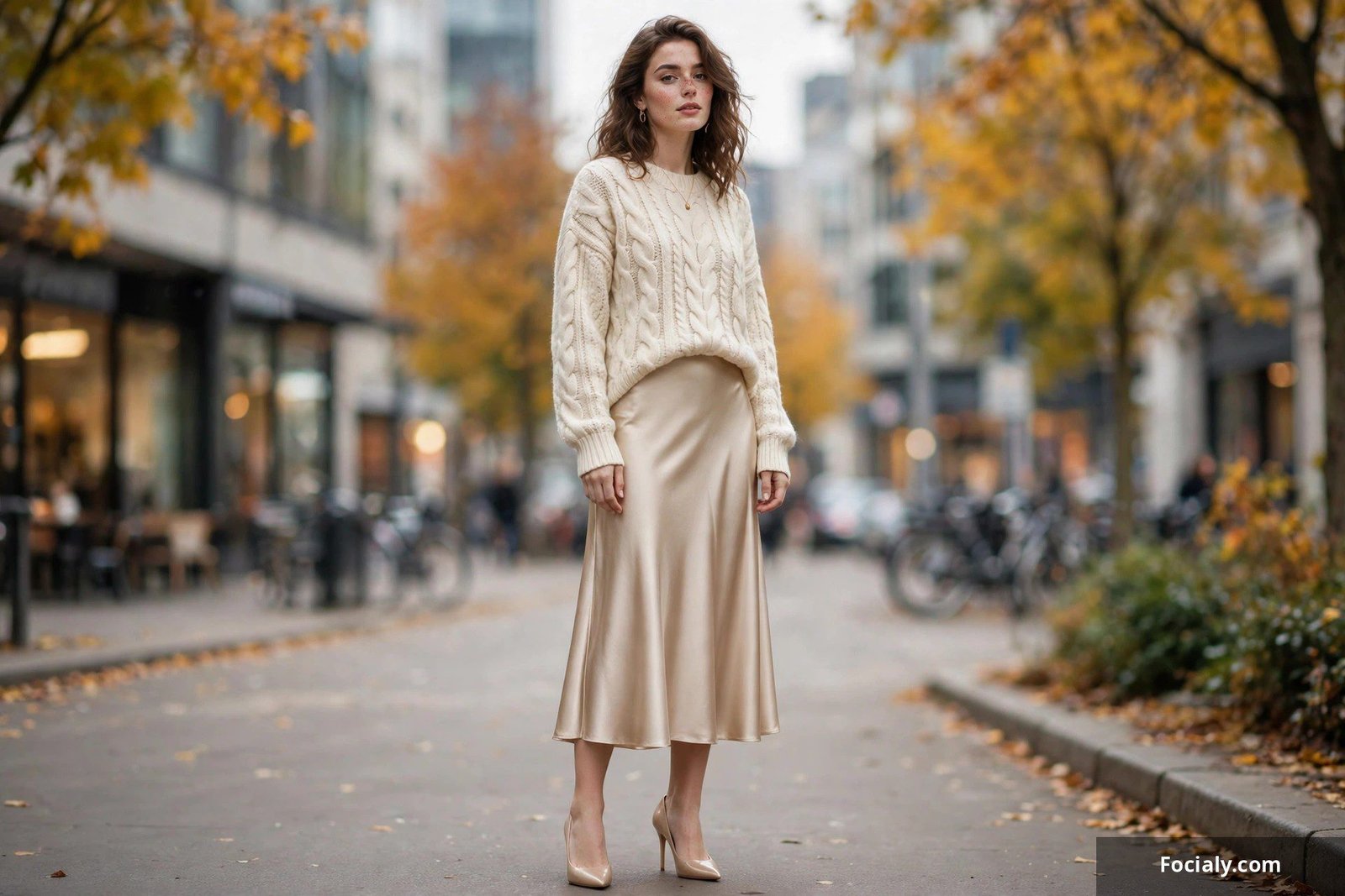 Woman in cream cable-knit sweater with champagne satin midi skirt and heels