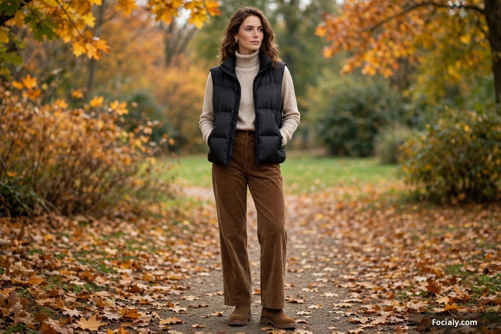 Woman in black puffer vest over beige turtleneck with corduroy trousers