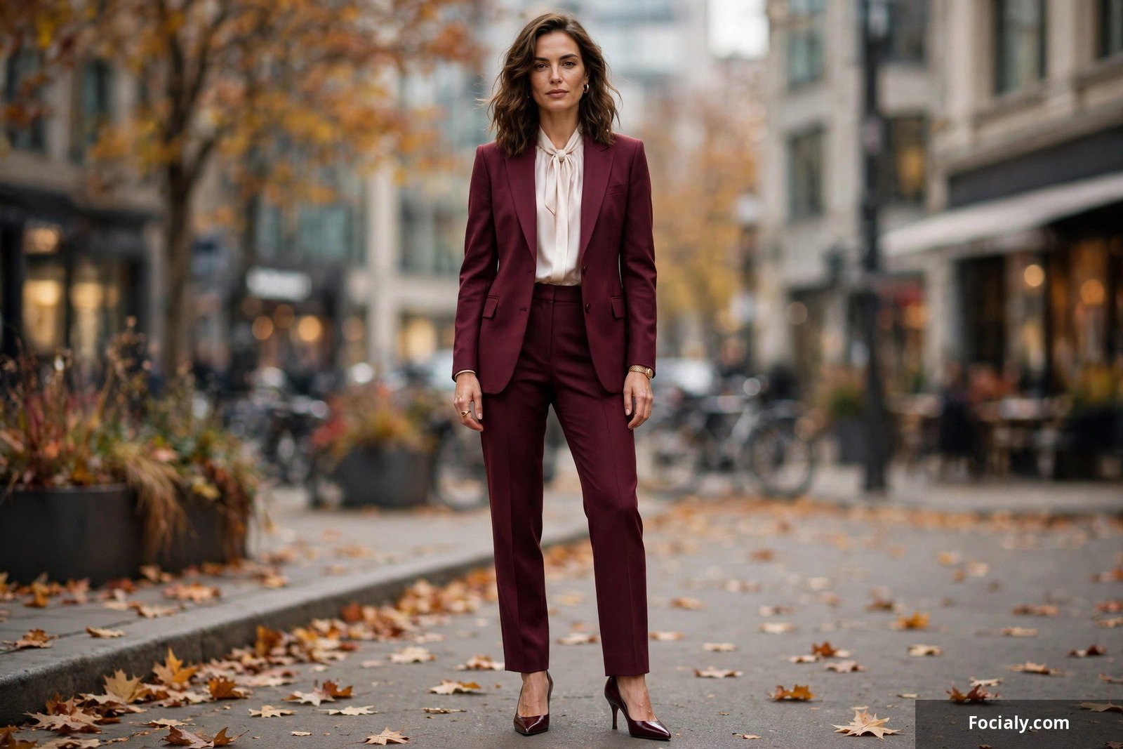 Woman in wine burgundy tailored suit with silk blouse and heels