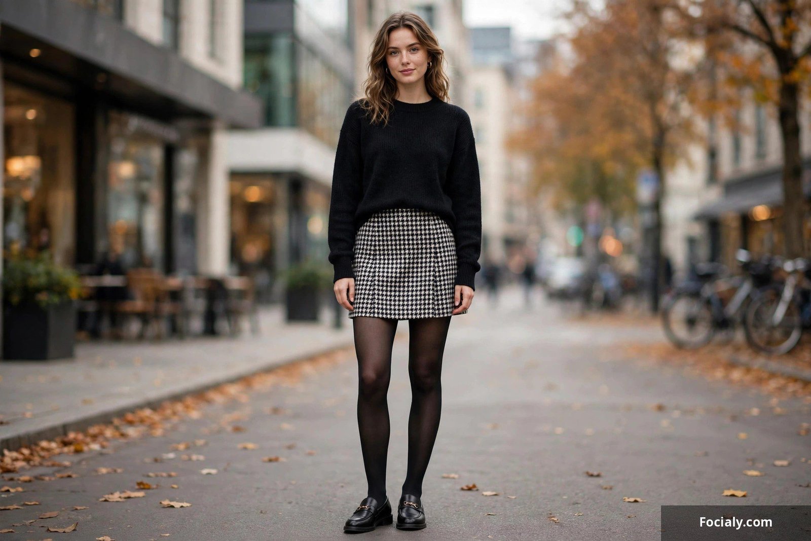 Woman in houndstooth mini skirt, black sweater and opaque tights with loafers