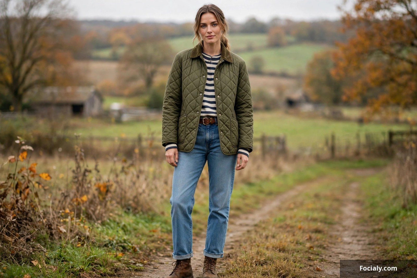 Woman in quilted olive barn jacket over striped sweater with straight-leg jeans