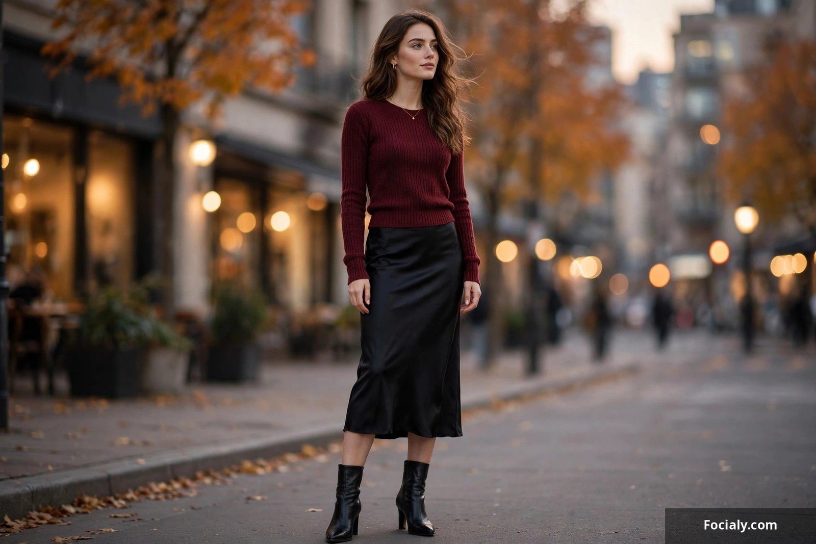 Woman in black satin slip skirt and fitted burgundy knit top with heeled boots at dusk