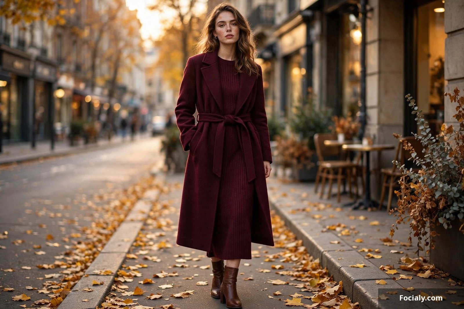 Woman wearing a deep burgundy wool coat over a wine-toned knit dress on an autumn sidewalk