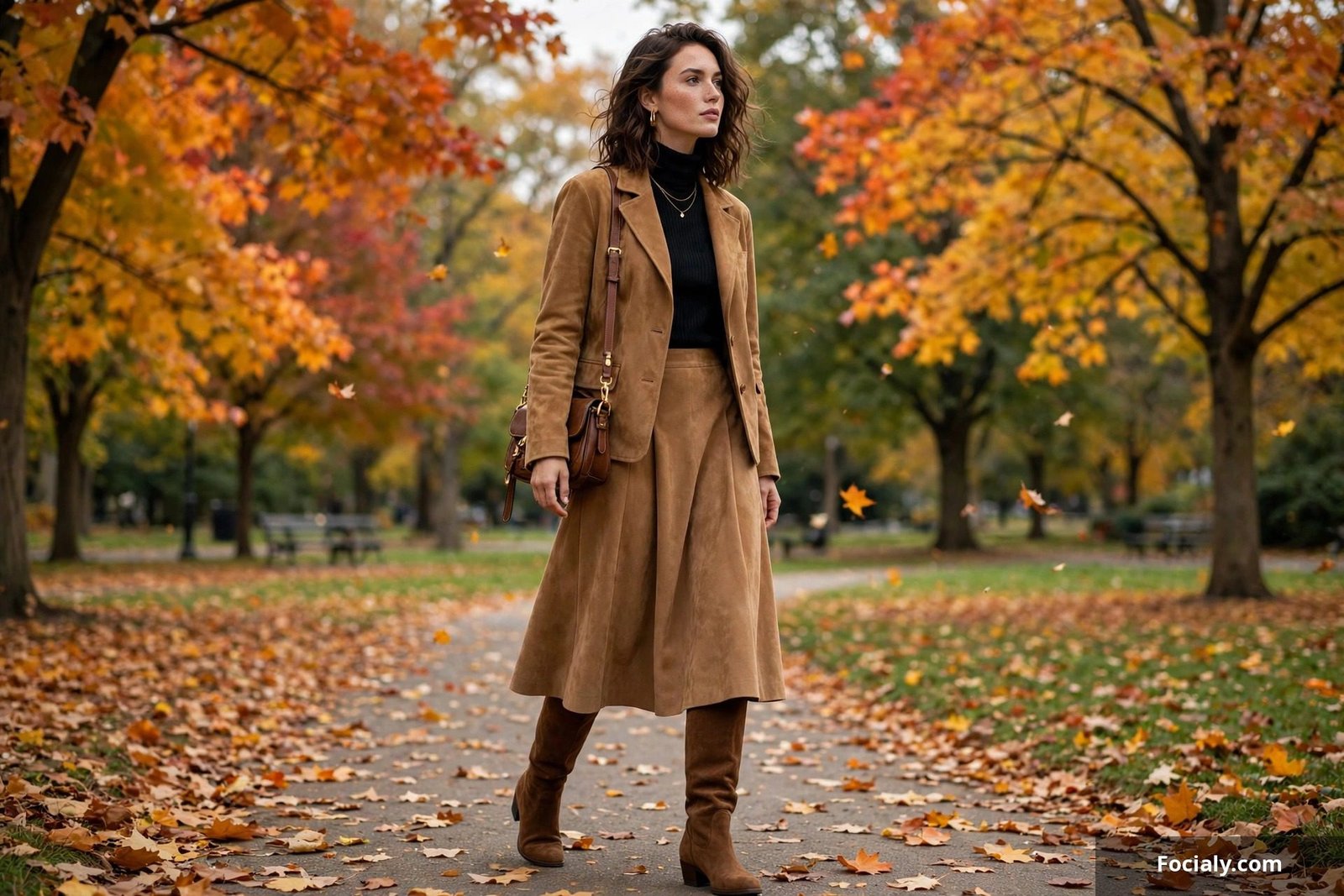 Woman in a camel suede jacket, suede midi skirt and knee boots in an autumn park