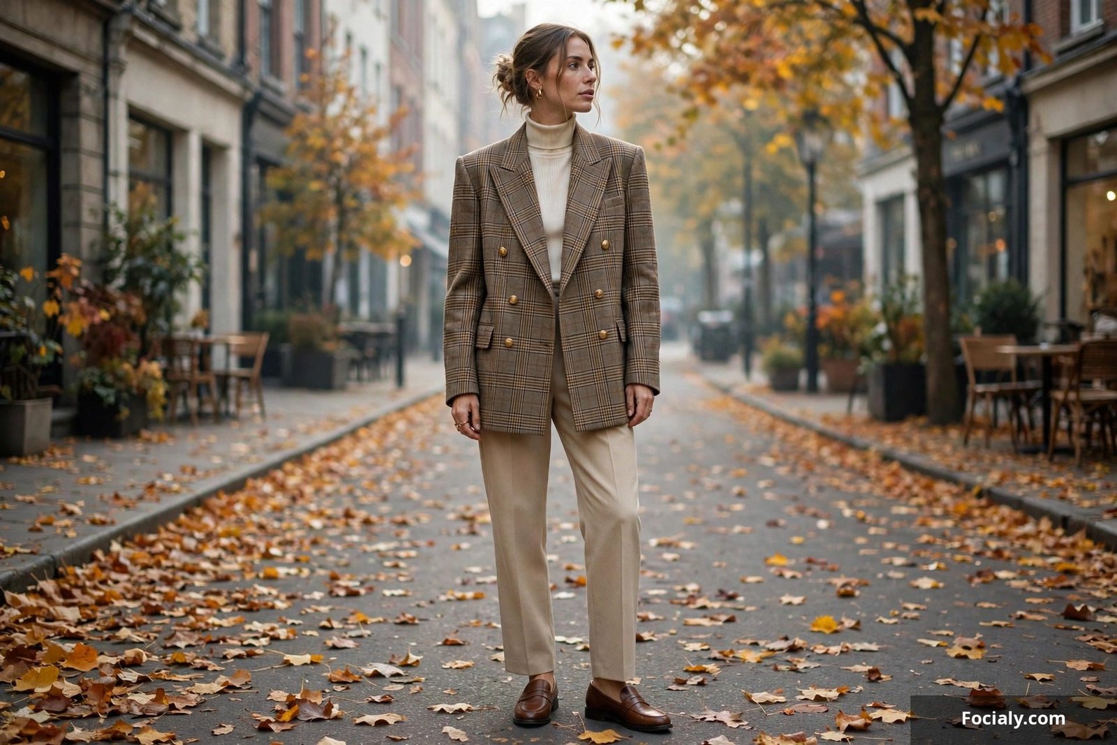 Woman wearing an oversized plaid blazer with strong shoulders, trousers and loafers on a city street