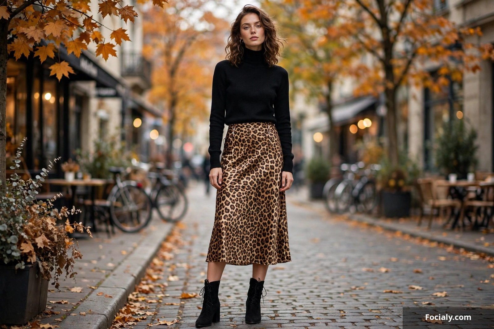 Woman in a leopard print slip skirt with black turtleneck and boots in an urban autumn setting