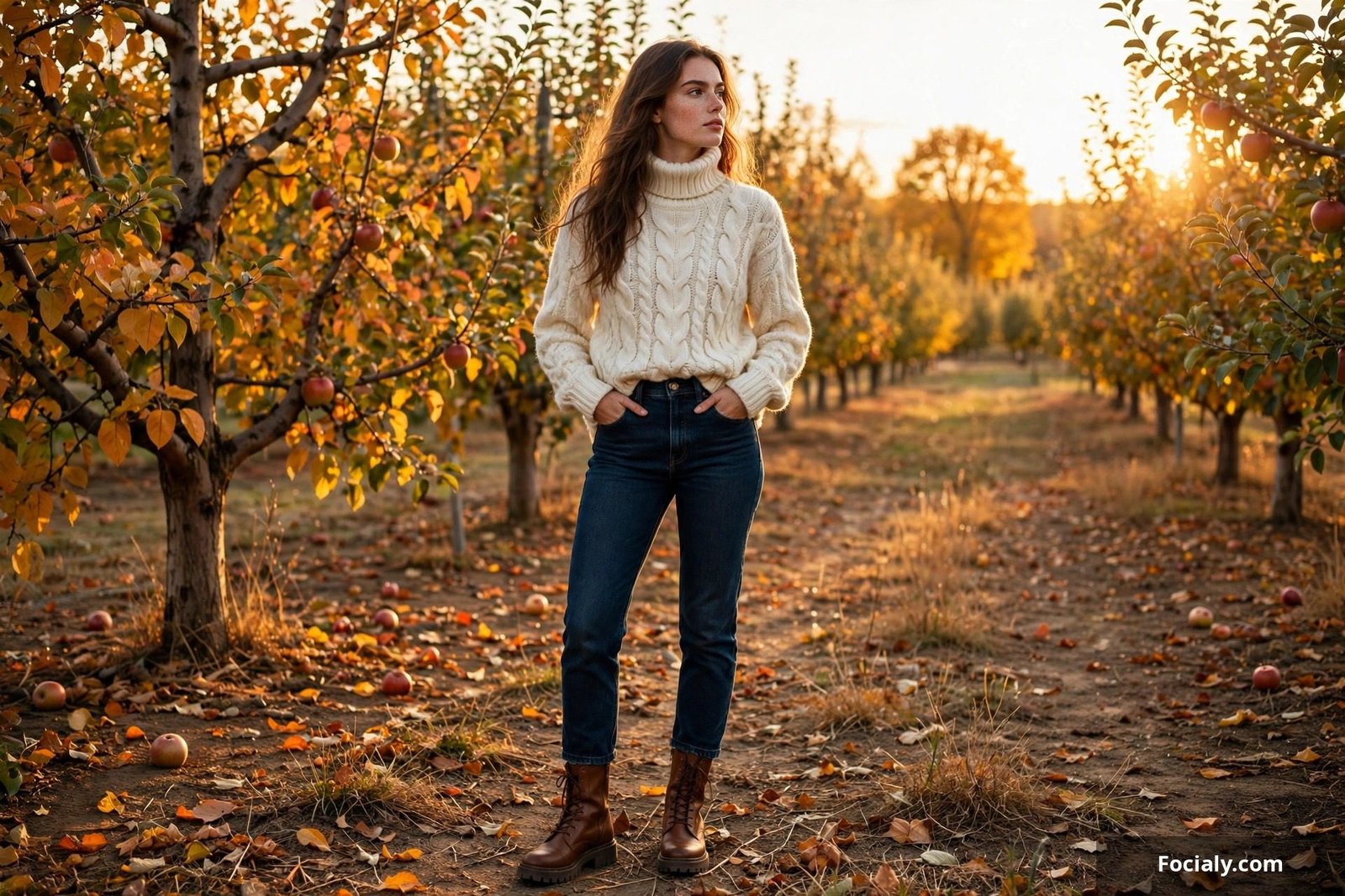 Woman wearing a chunky cream cable-knit turtleneck sweater with dark jeans and boots in an autumn orchard