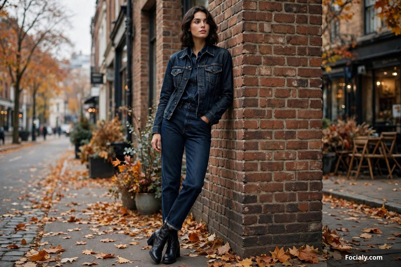 Woman in a head-to-toe dark indigo denim outfit with black boots against a brick wall