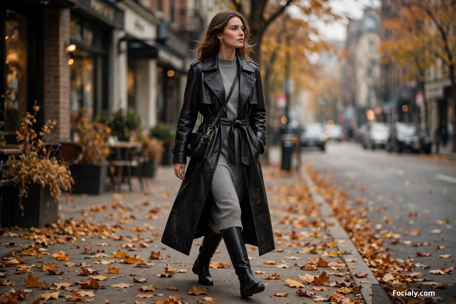 Woman wearing a long black leather trench coat with knee-high boots walking through autumn leaves