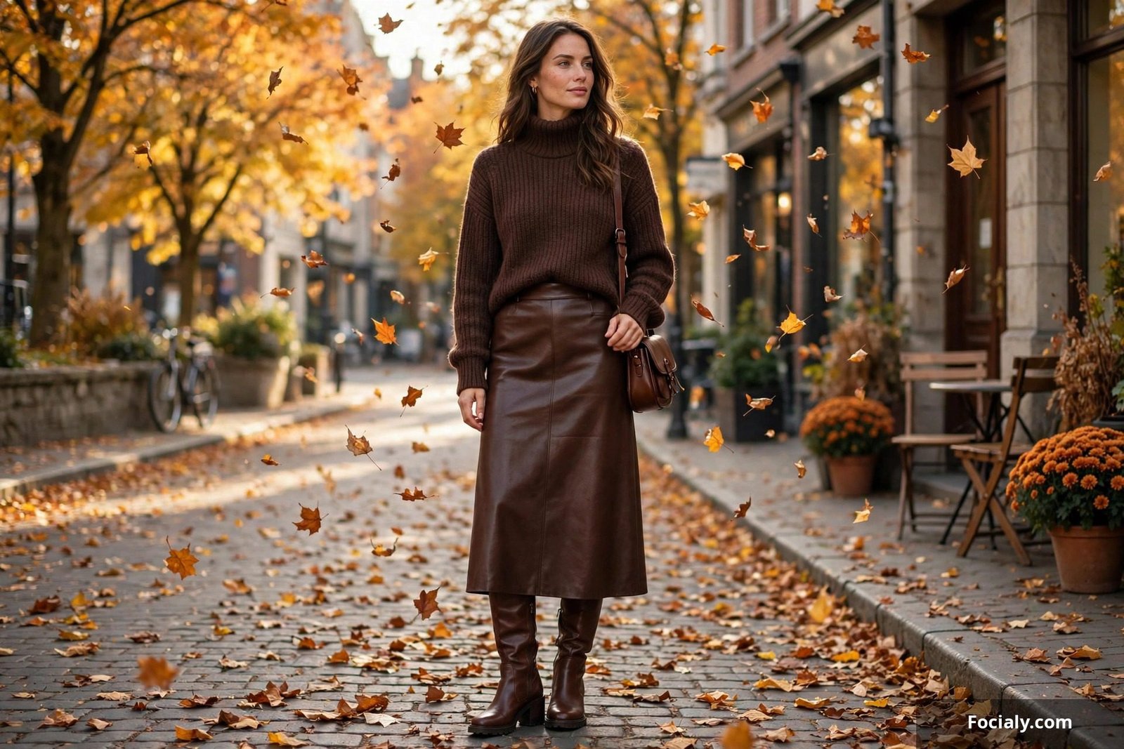 Woman in a monochrome chocolate brown outfit with knit top, leather skirt and boots on an autumn street