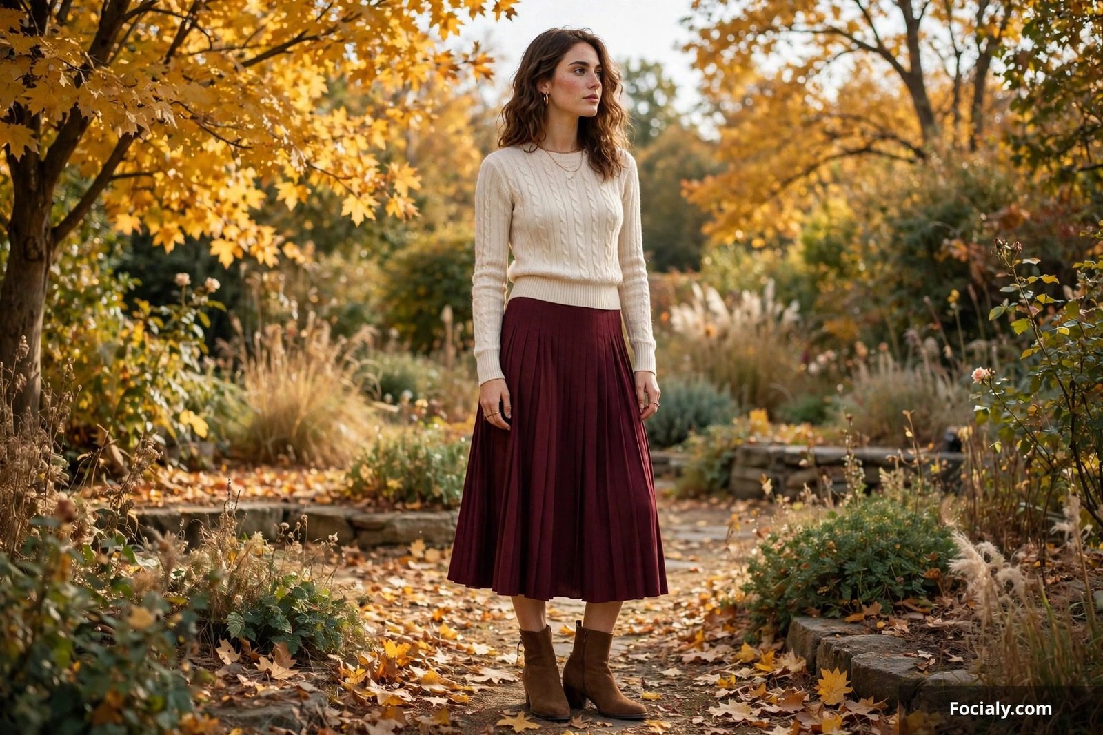 Woman wearing a pleated midi skirt with a fitted sweater and boots in a fall setting