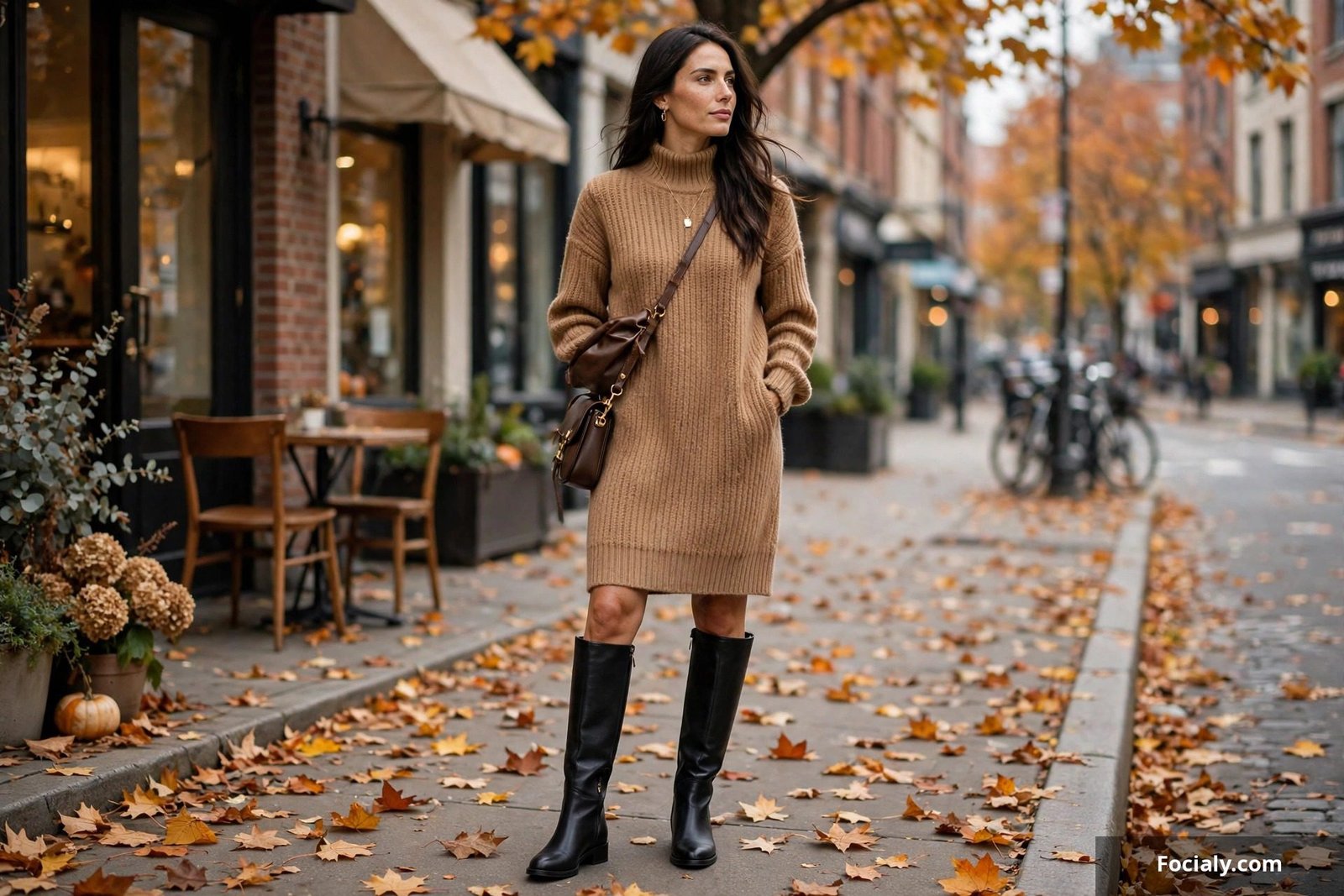 Woman wearing knee-high boots with a skirt and sweater, street style in autumn