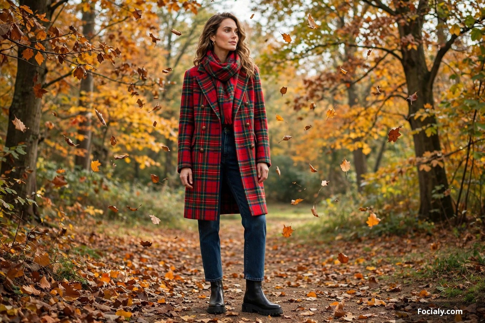 Woman wearing a heritage plaid wool coat and scarf with autumn leaves in the background