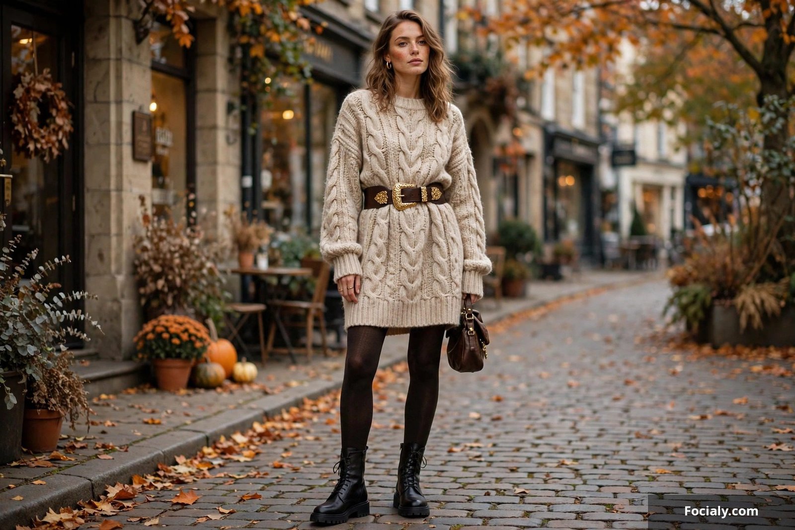 Woman wearing a wide sculptural belt cinching the waist of a knit dress in fall