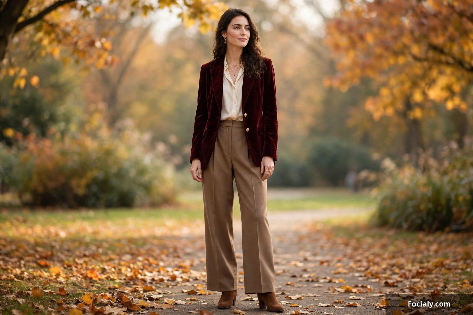 Woman wearing a velvet blazer with trousers in an elegant autumn setting