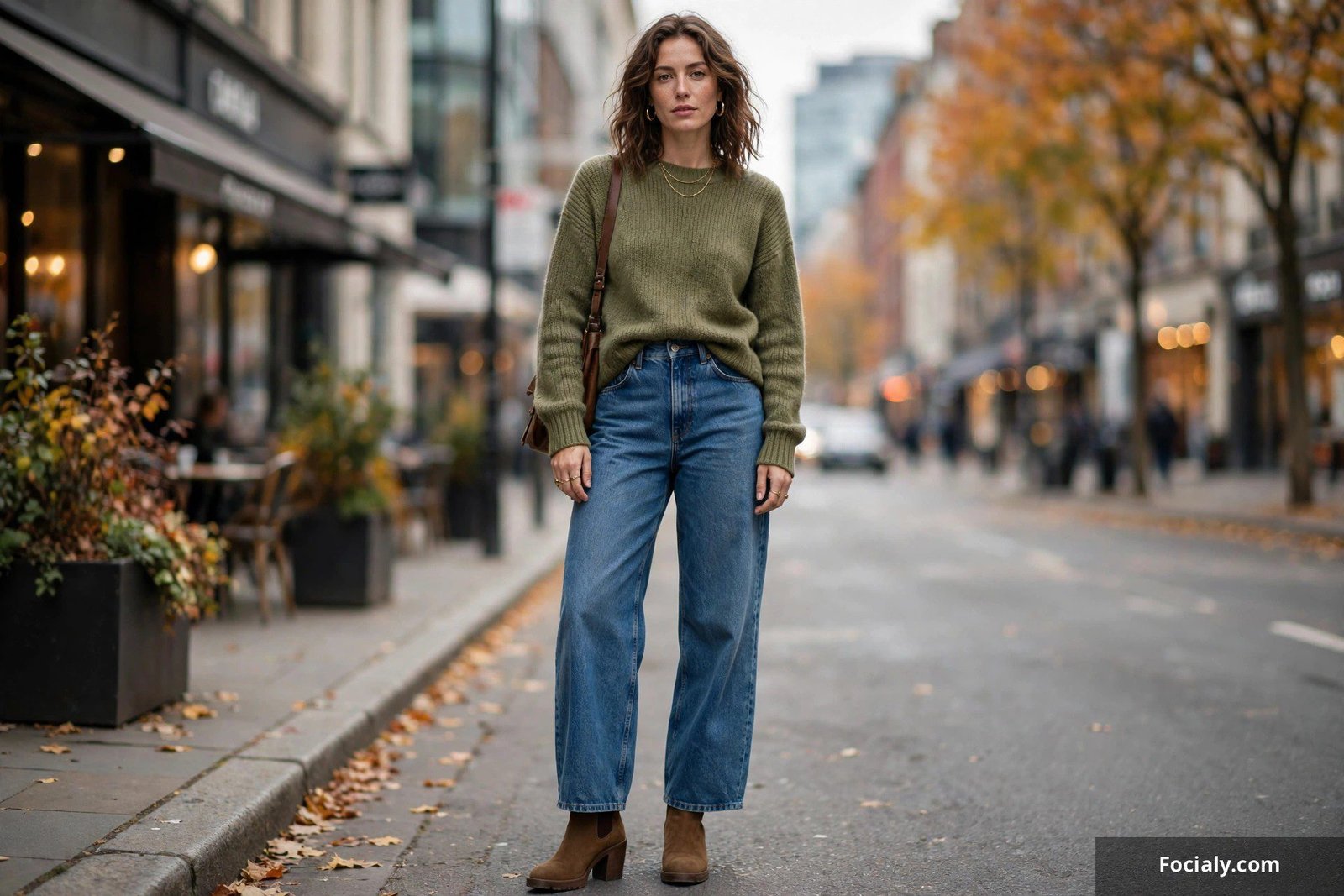 Woman wearing barrel-leg jeans with a tucked sweater and boots on a city street