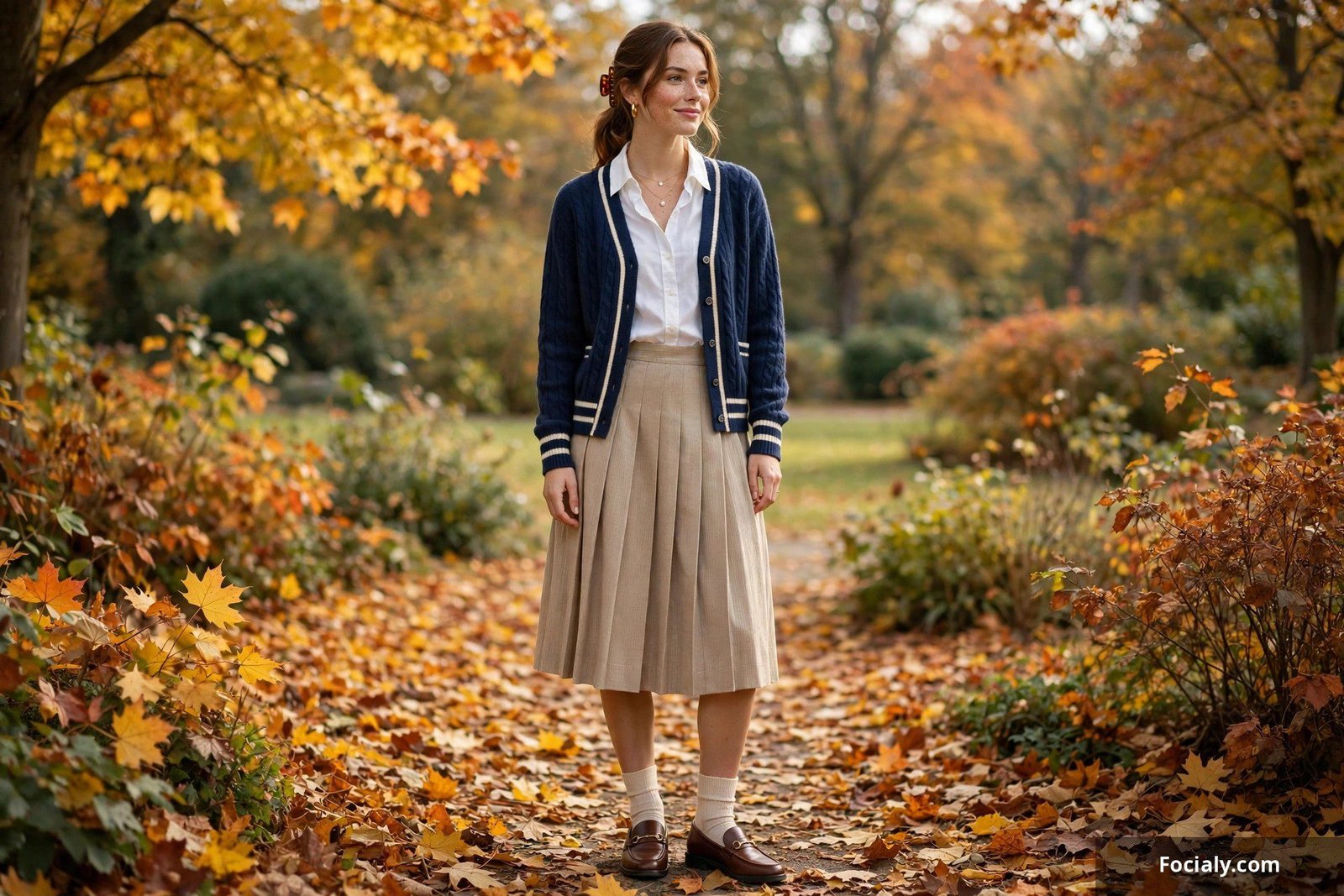 Woman in a polished preppy outfit with cardigan, pleated skirt and loafers in autumn