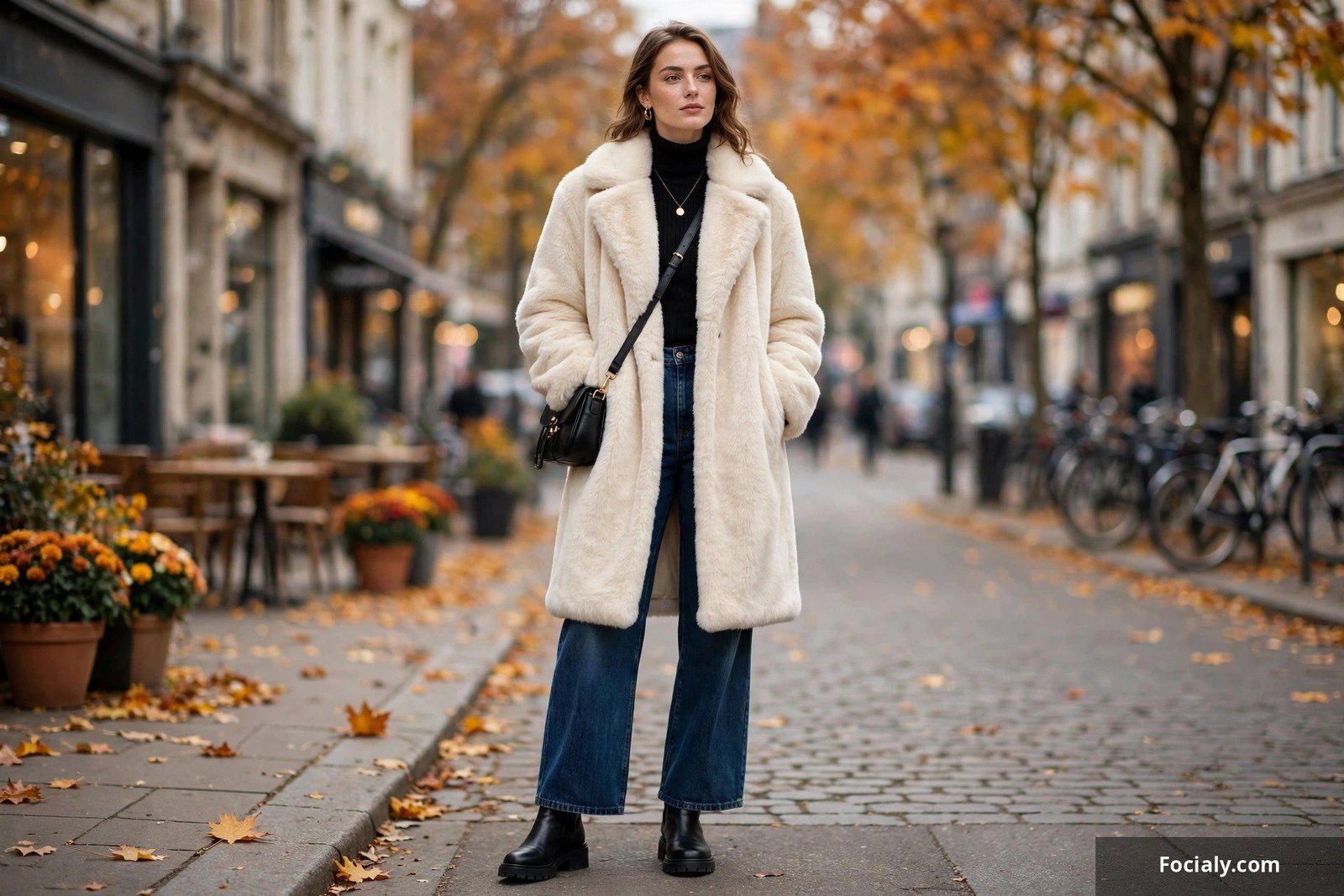 Woman wearing a plush faux fur coat in an autumn city setting