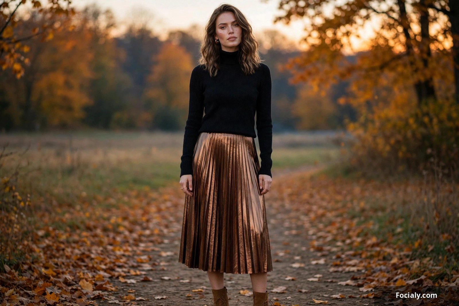 Woman wearing a bronze metallic skirt with a black knit top in an autumn evening setting