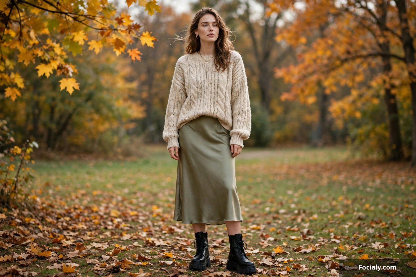 Woman wearing a satin slip skirt with chunky boots and a sweater in autumn
