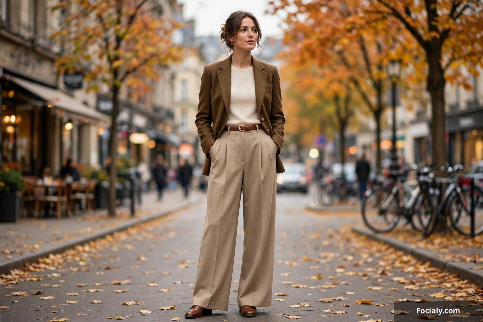 Woman wearing wide-leg tailored trousers with a fitted blazer in an autumn city