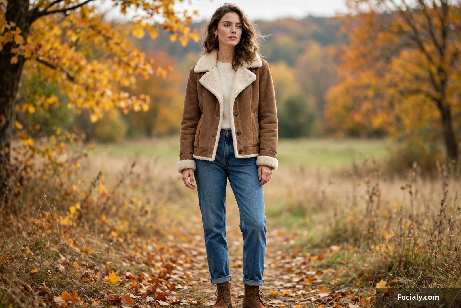 Woman wearing a shearling-lined suede jacket with jeans in a crisp autumn landscape