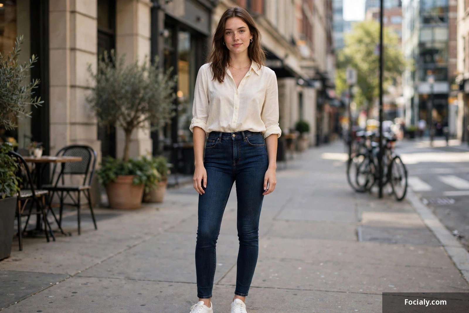 Woman wearing high-waisted dark skinny jeans with a tucked-in blouse