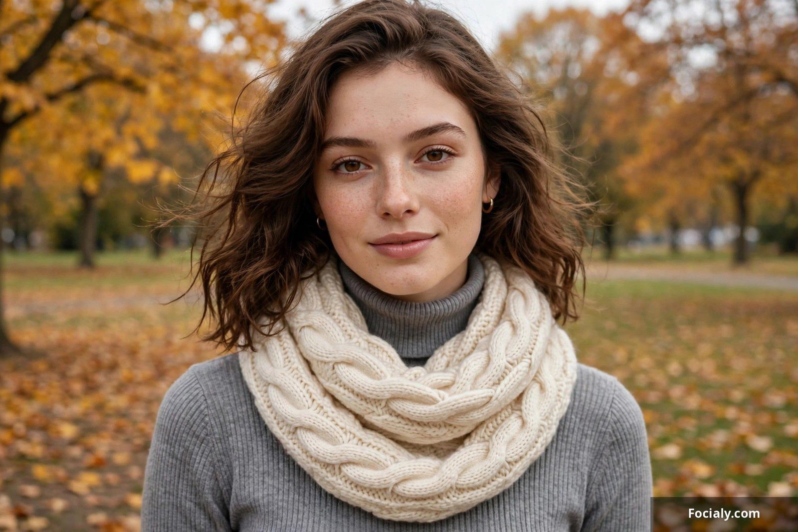 Woman wearing a chunky knit infinity scarf wrapped twice around her neck