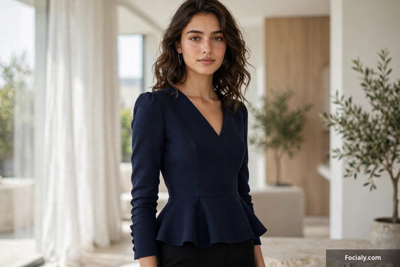 Woman wearing a navy peplum top with fitted sleeves