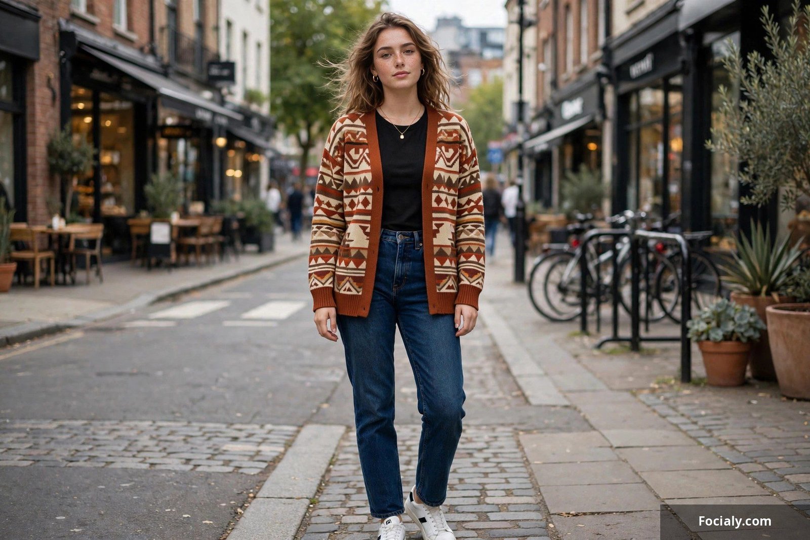 Woman wearing a cardigan with bold aztec tribal print pattern