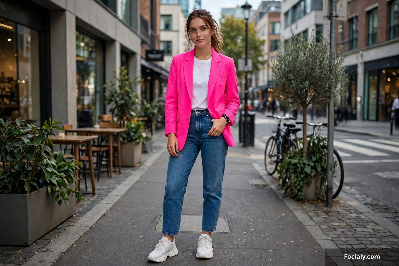 Woman wearing a neon pink blazer over neutral basics