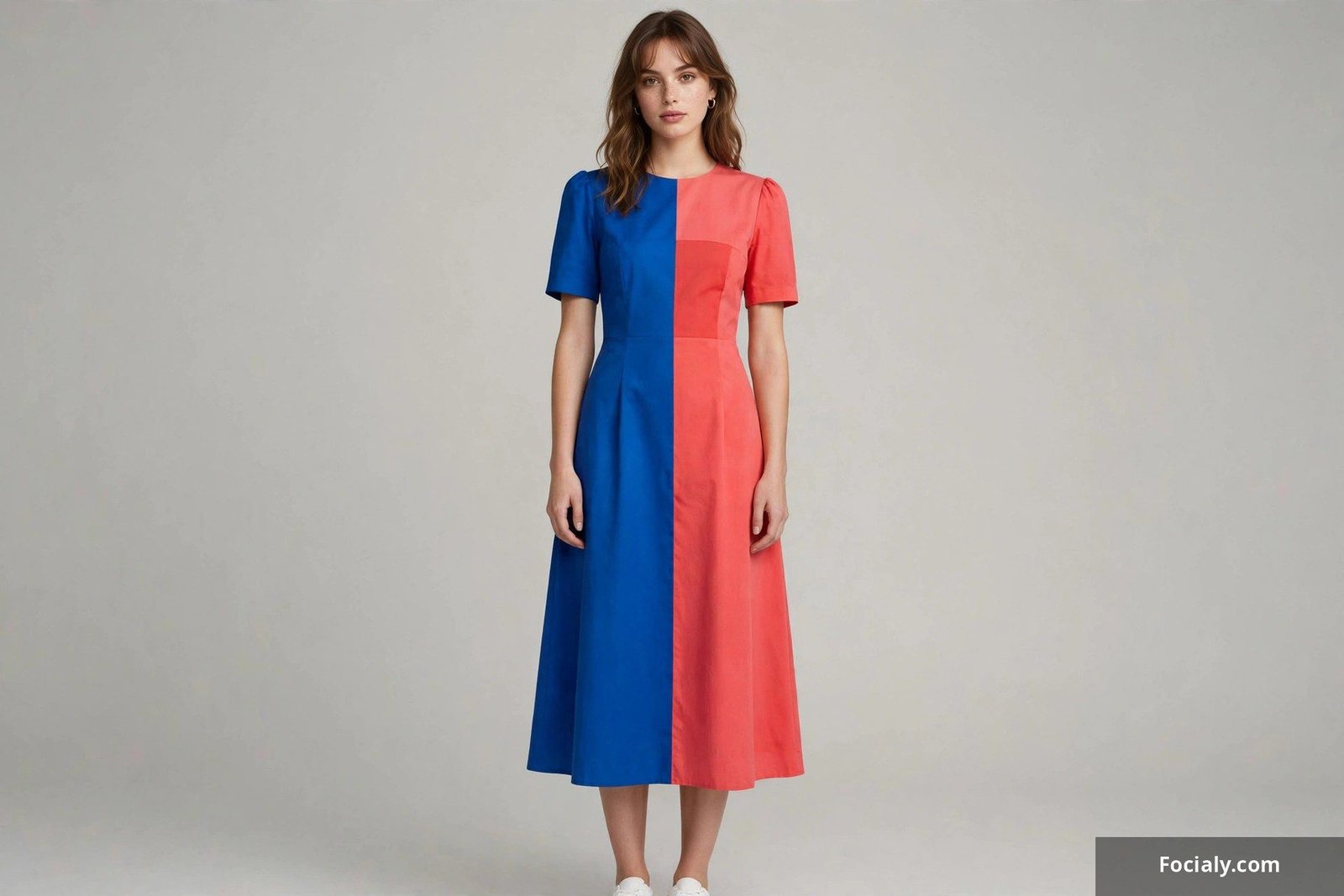 Woman wearing a color-blocked dress in cobalt blue and coral panels