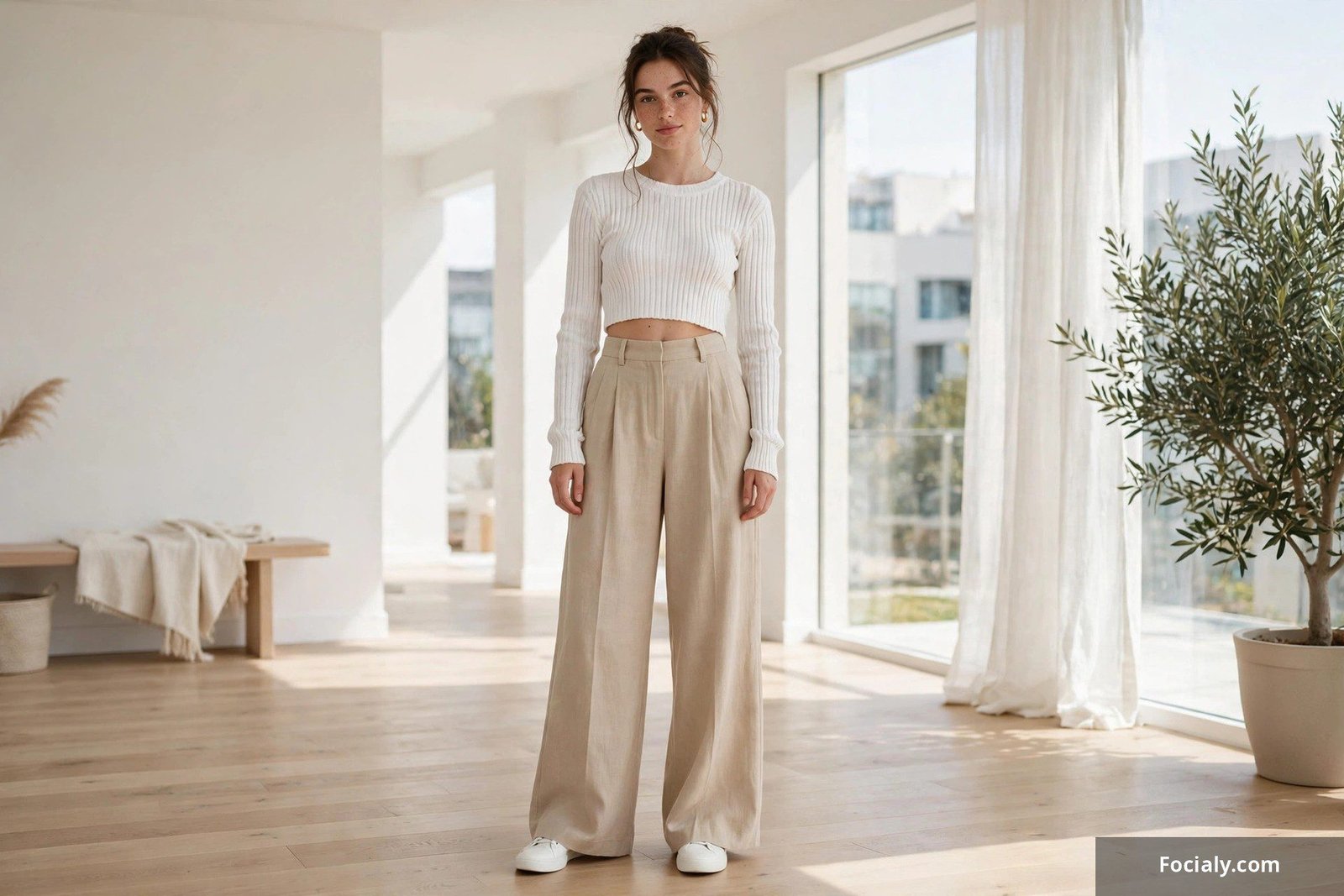 Woman wearing a ribbed crop top with high-waisted trousers