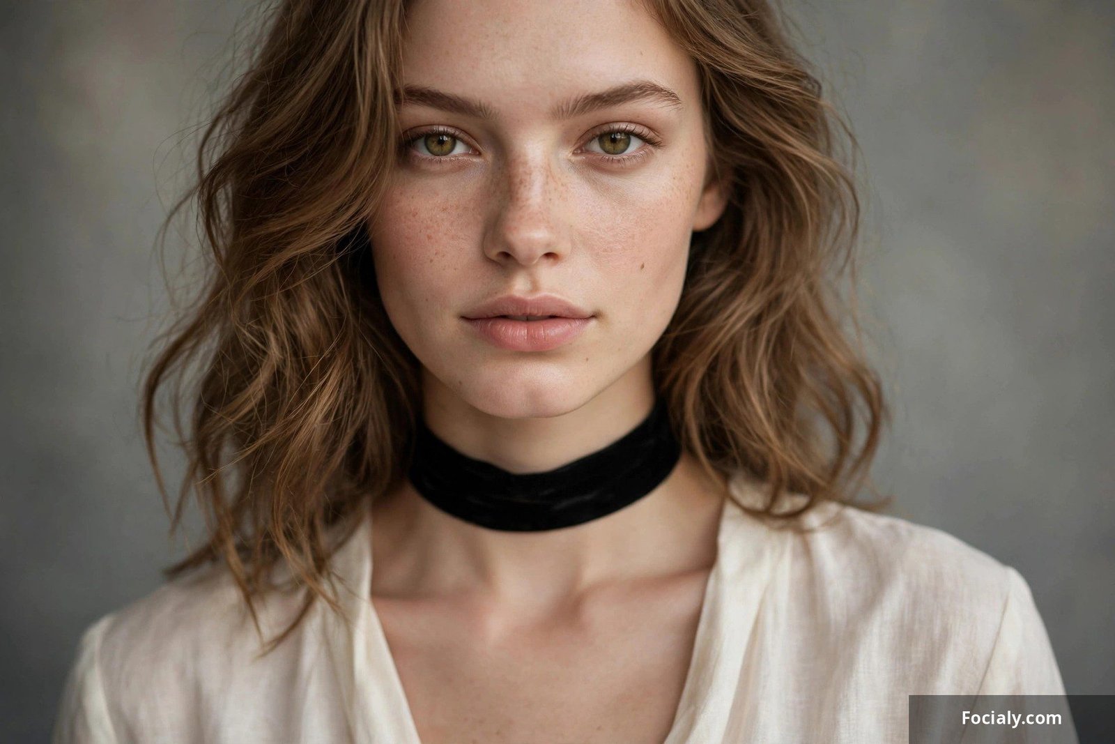 Close-up of a woman wearing a black velvet choker necklace