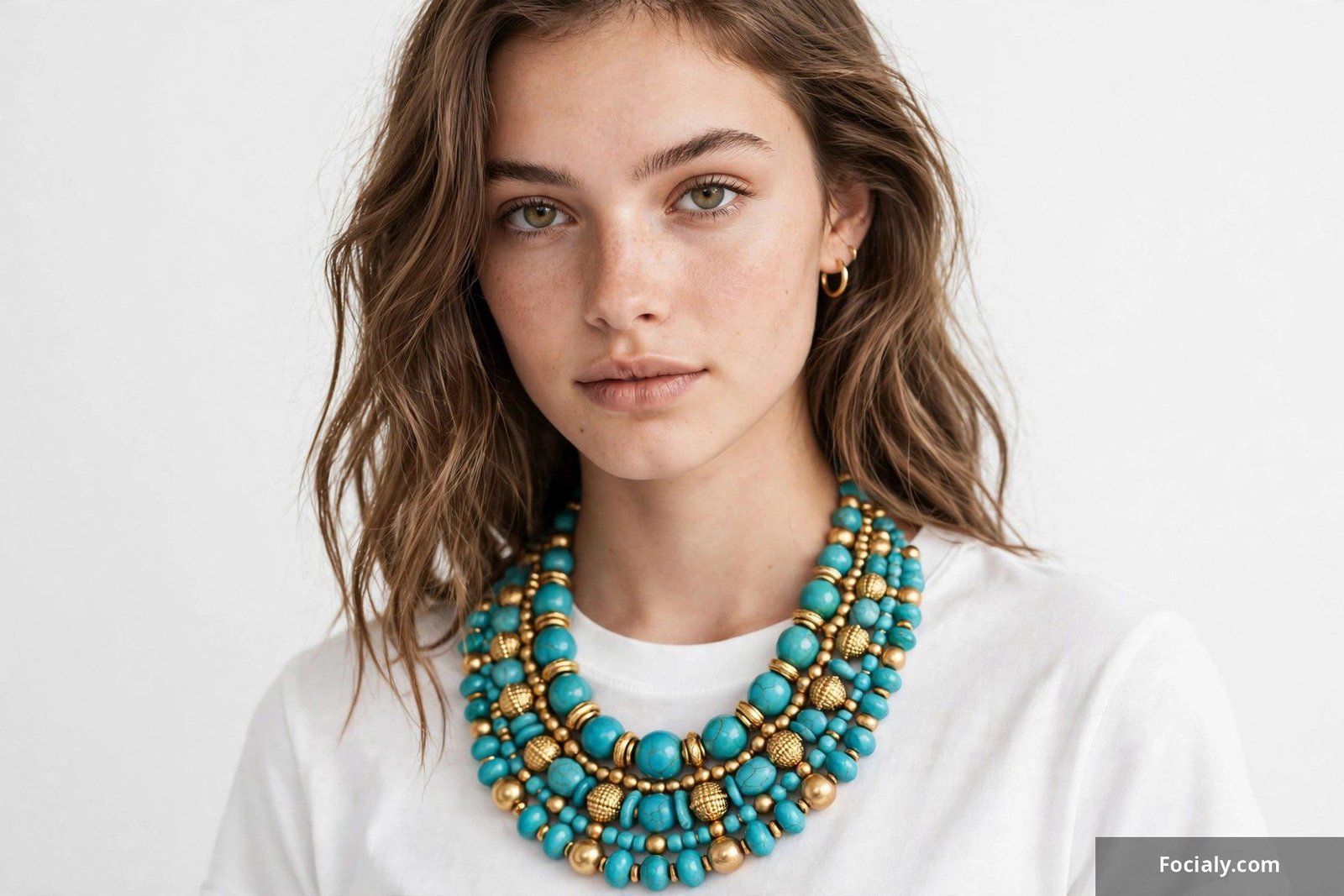 Woman wearing a chunky beaded statement bib necklace over a plain top