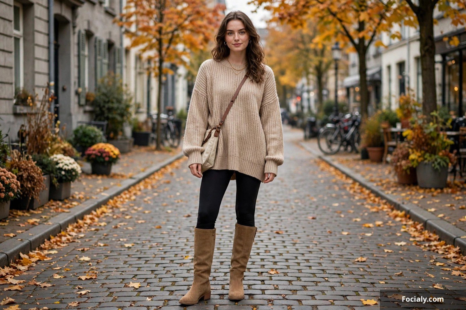 Woman wearing black leggings with an oversized sweater and boots