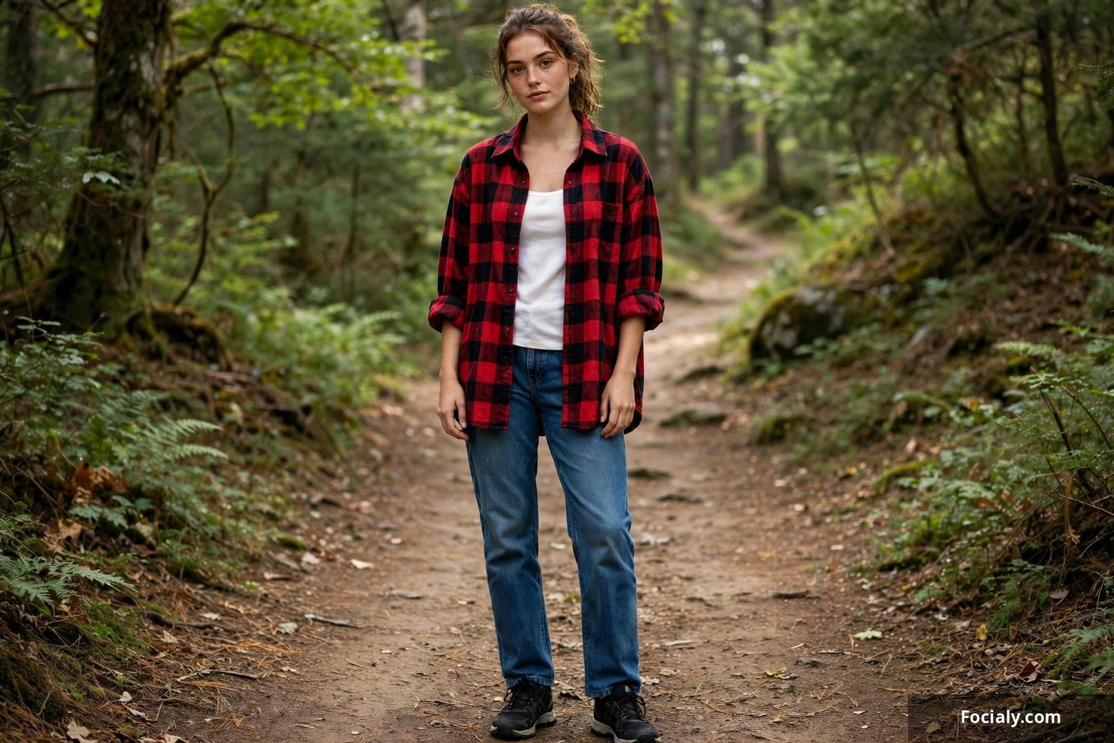 Woman wearing an oversized red plaid flannel shirt tied at the waist