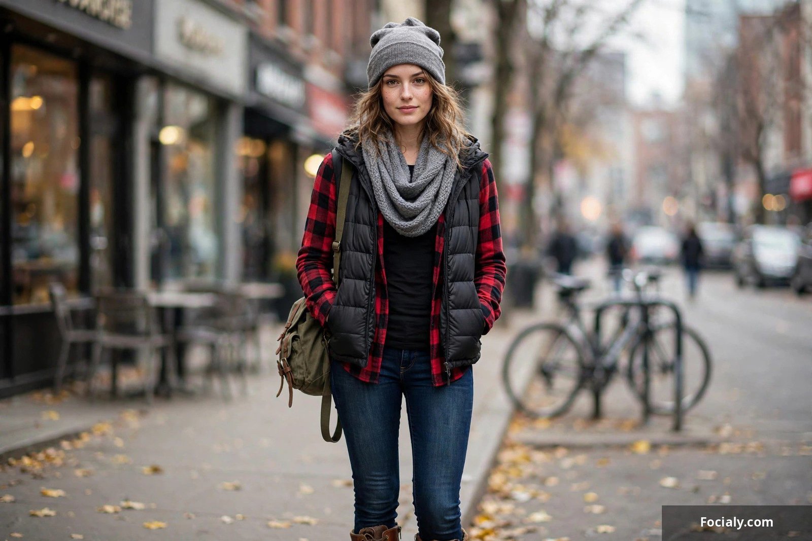 Woman wearing a slouchy knit beanie with winter outfit