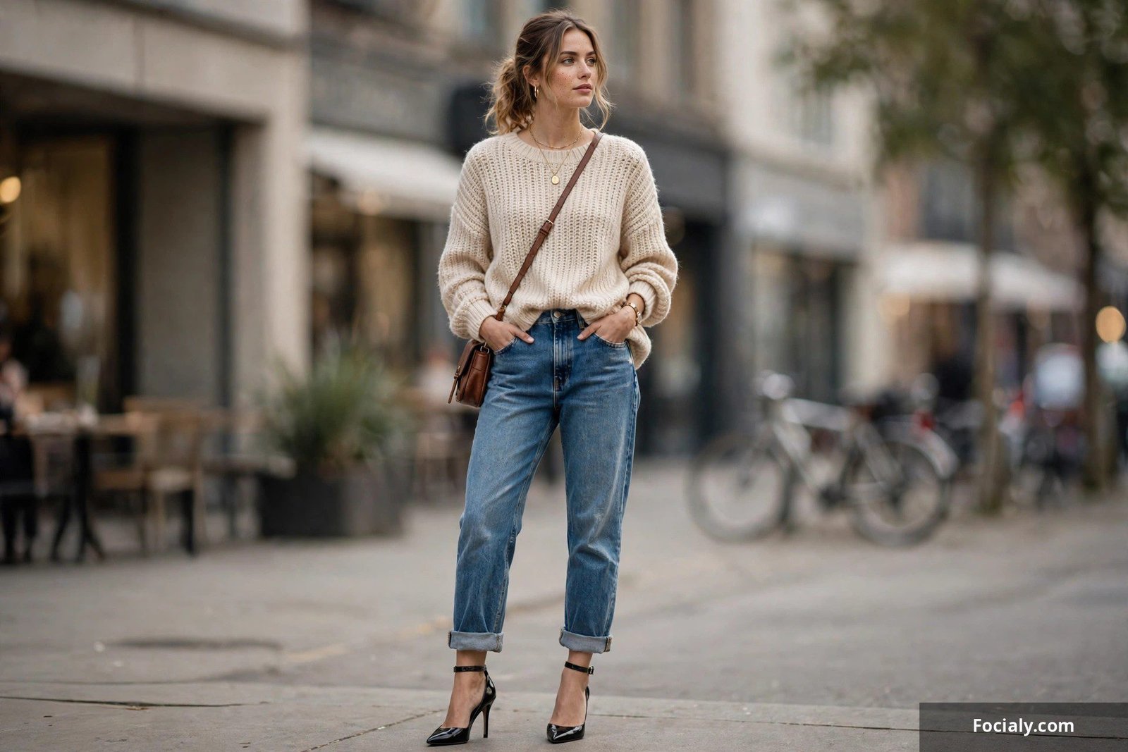 Woman wearing relaxed boyfriend jeans with rolled cuffs and heels