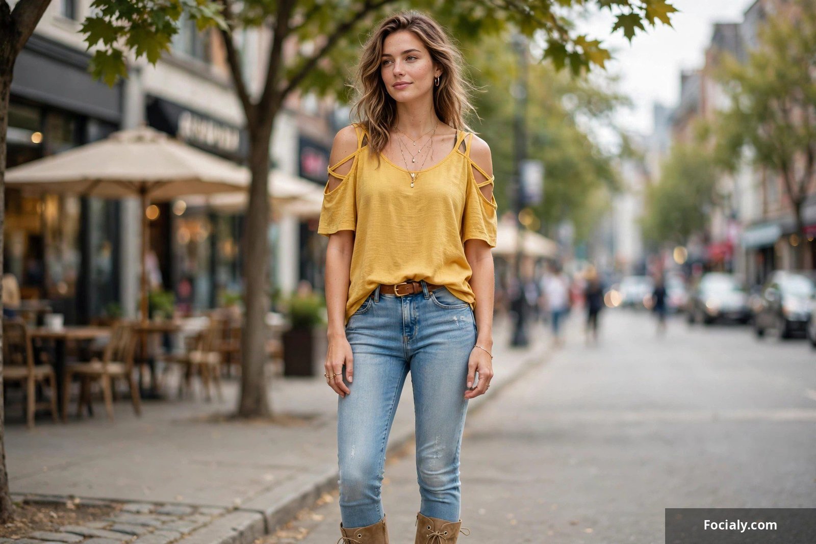 Woman wearing a cold-shoulder top with cutouts at the shoulders