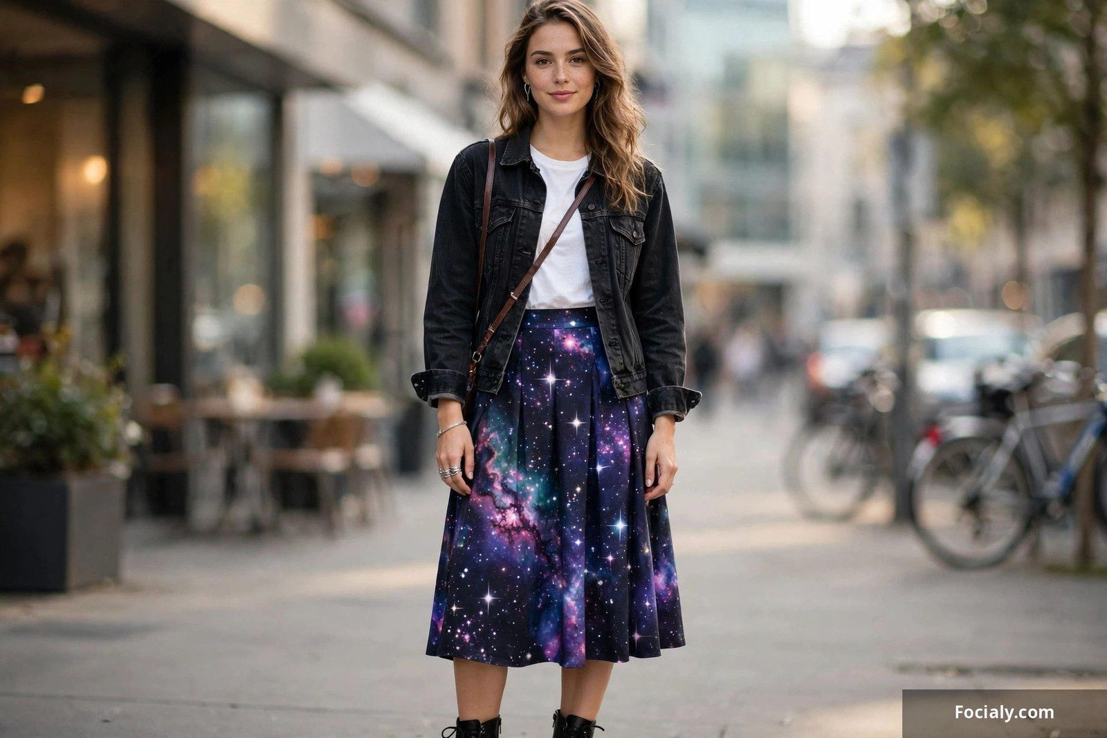 Woman wearing a galaxy print skirt with stars and nebula pattern