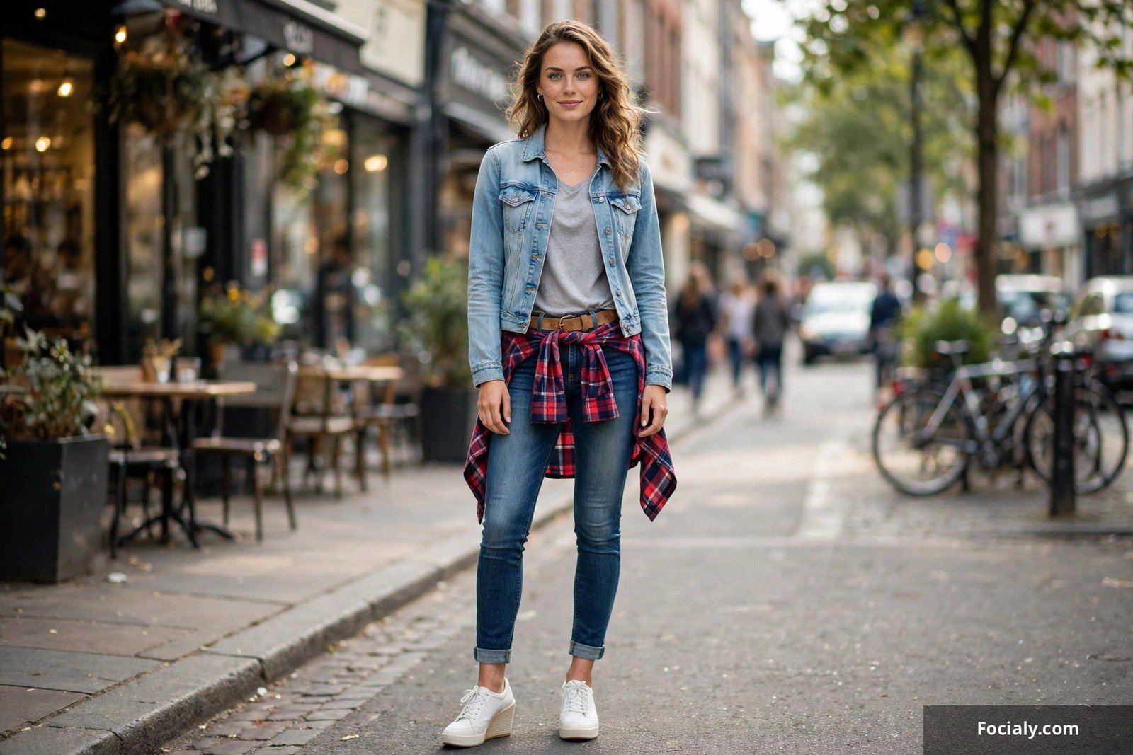 Woman wearing wedge sneakers with skinny jeans on a city street