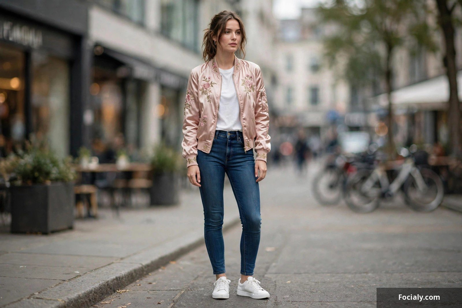 Woman wearing a satin bomber jacket with embroidered floral detail