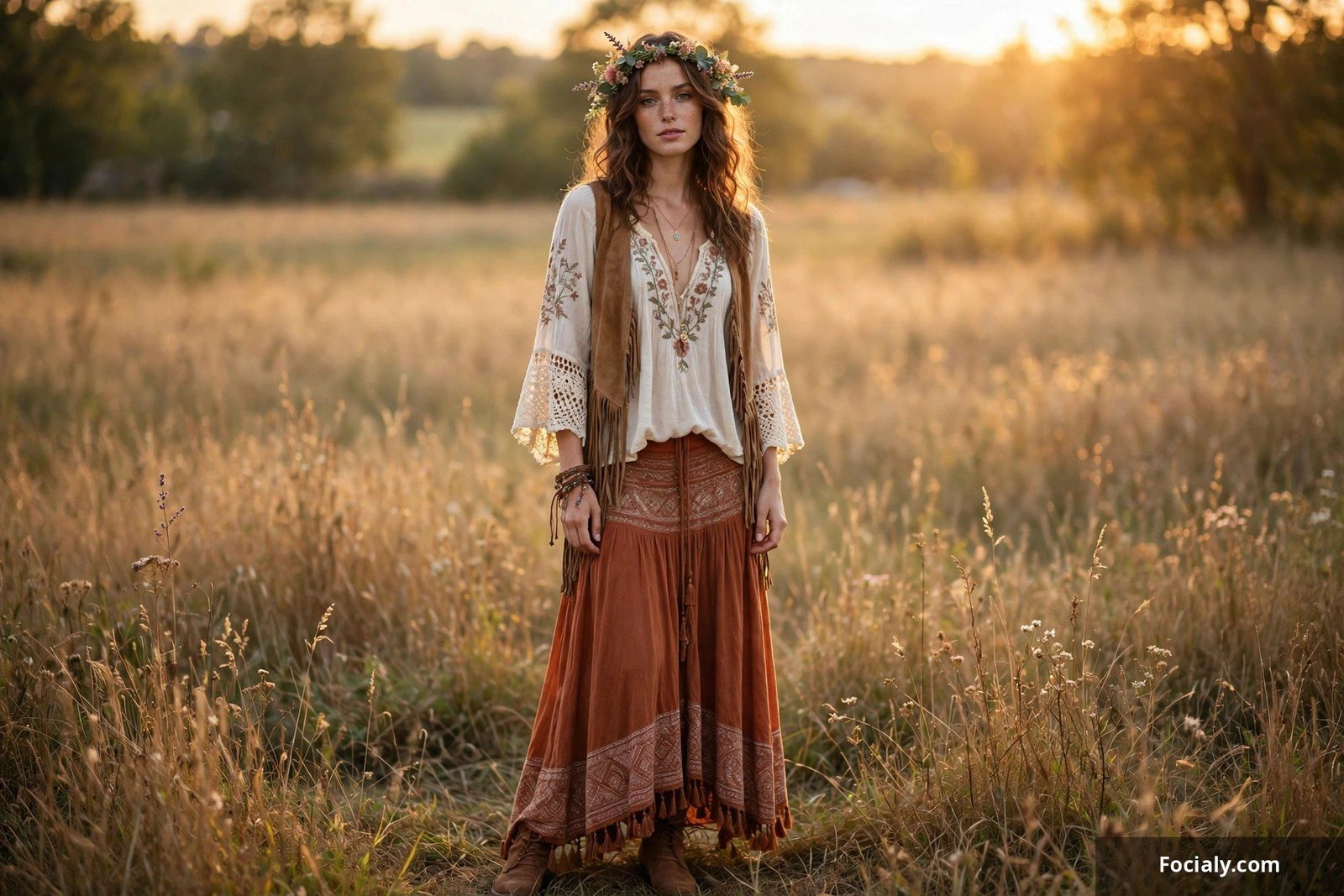 Woman wearing a delicate floral crown headpiece at golden hour