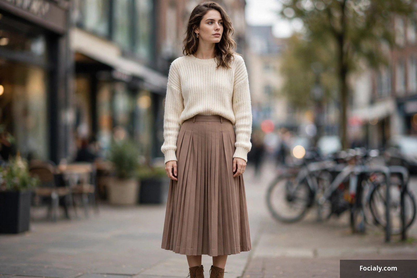 Woman wearing a pleated midi skirt with a tucked-in sweater
