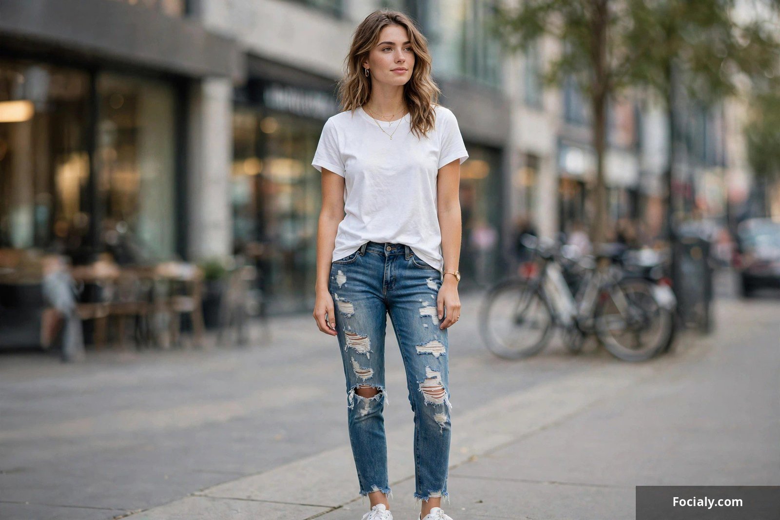 Woman wearing distressed ripped jeans with a simple white tee