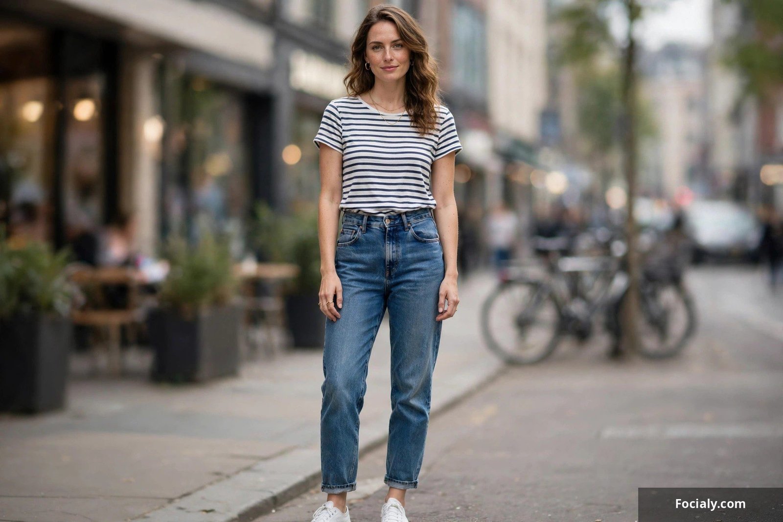 Woman wearing high-waisted mom jeans with a tucked-in striped top