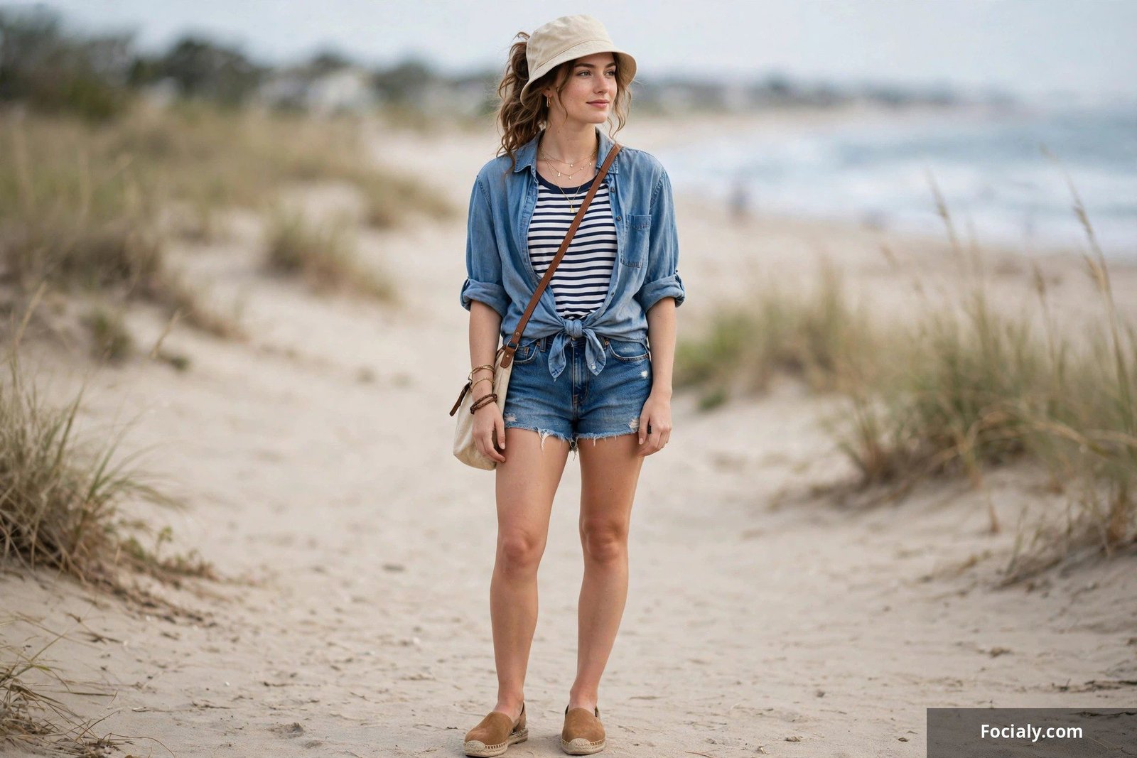 Woman wearing a canvas bucket hat with a casual summer outfit